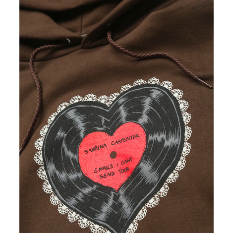 vinylheart brown hoodie close up